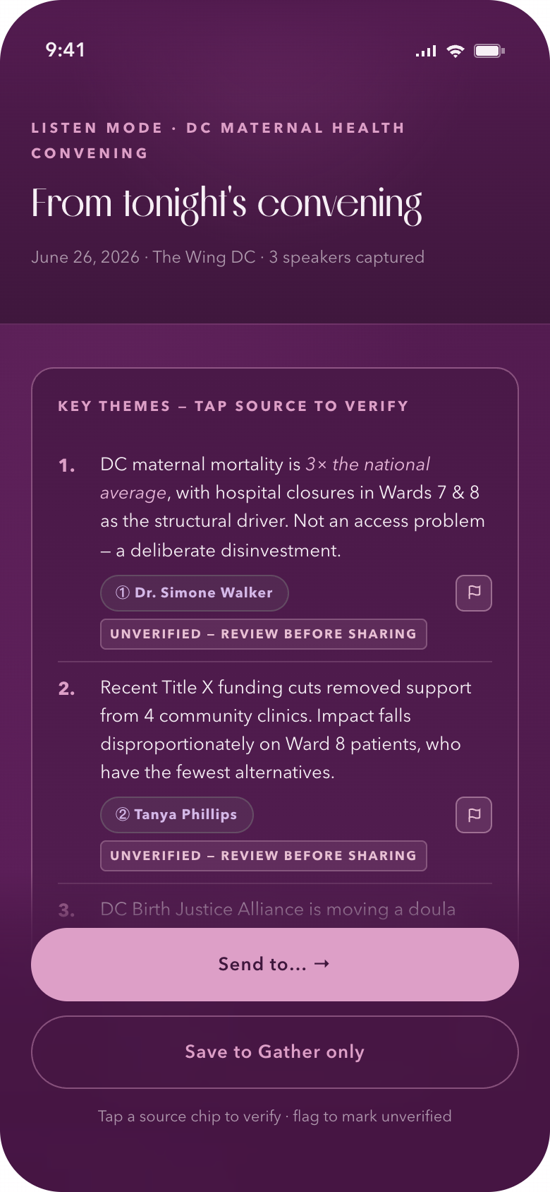 Listen — AI structured summary with claim verification