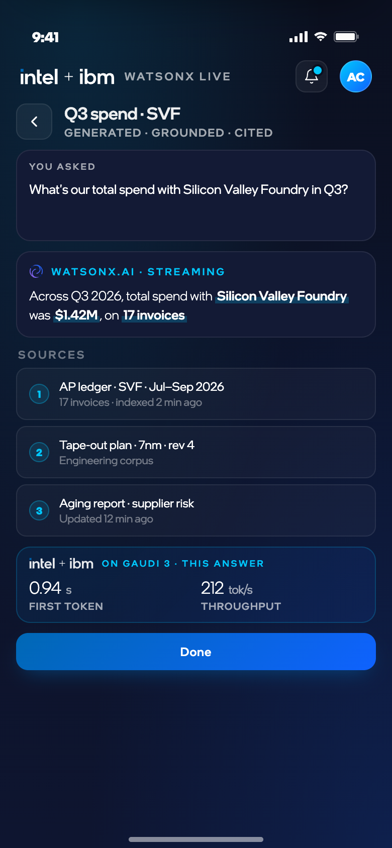 Ask · answer mid-stream from Granite, with sources arriving and streaming indicator visible