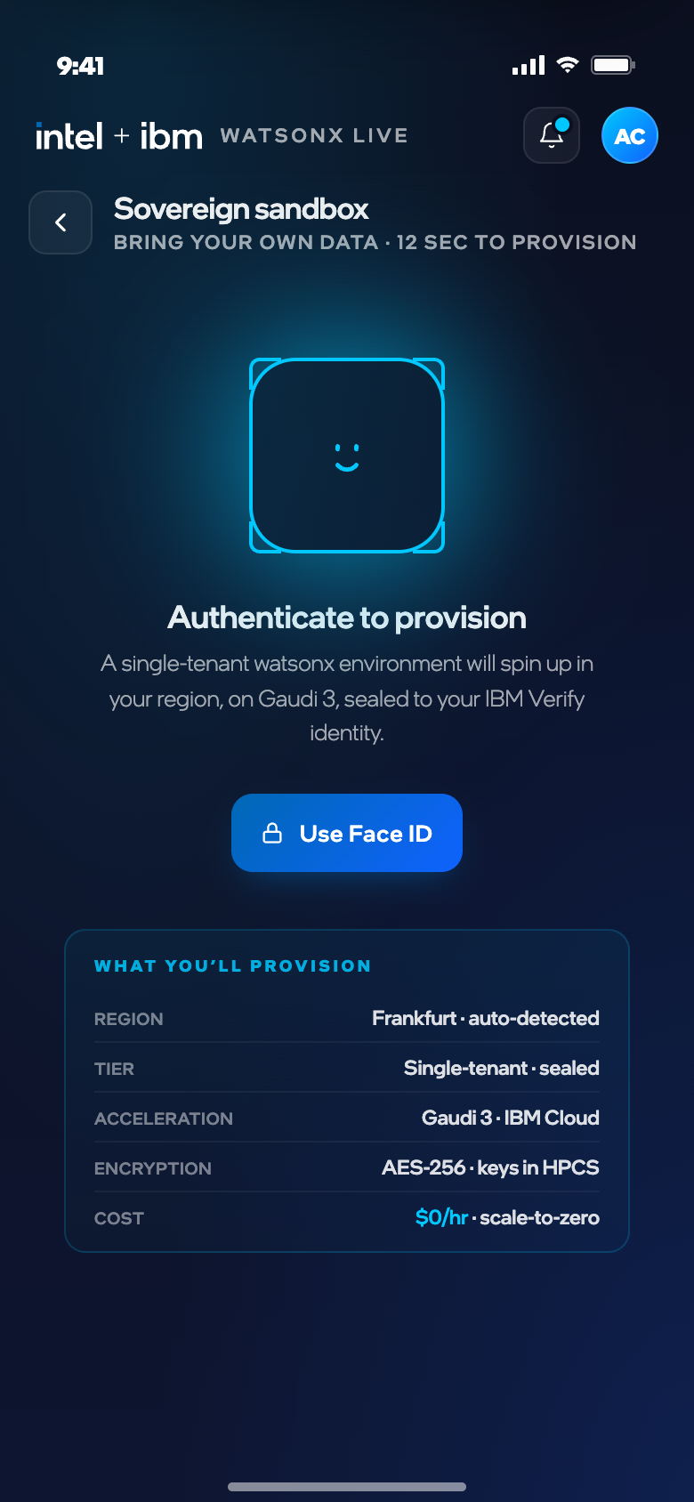 Sandbox · Face ID icon mid-pulse, cyan glow at peak intensity during the 1.6s authentication beat